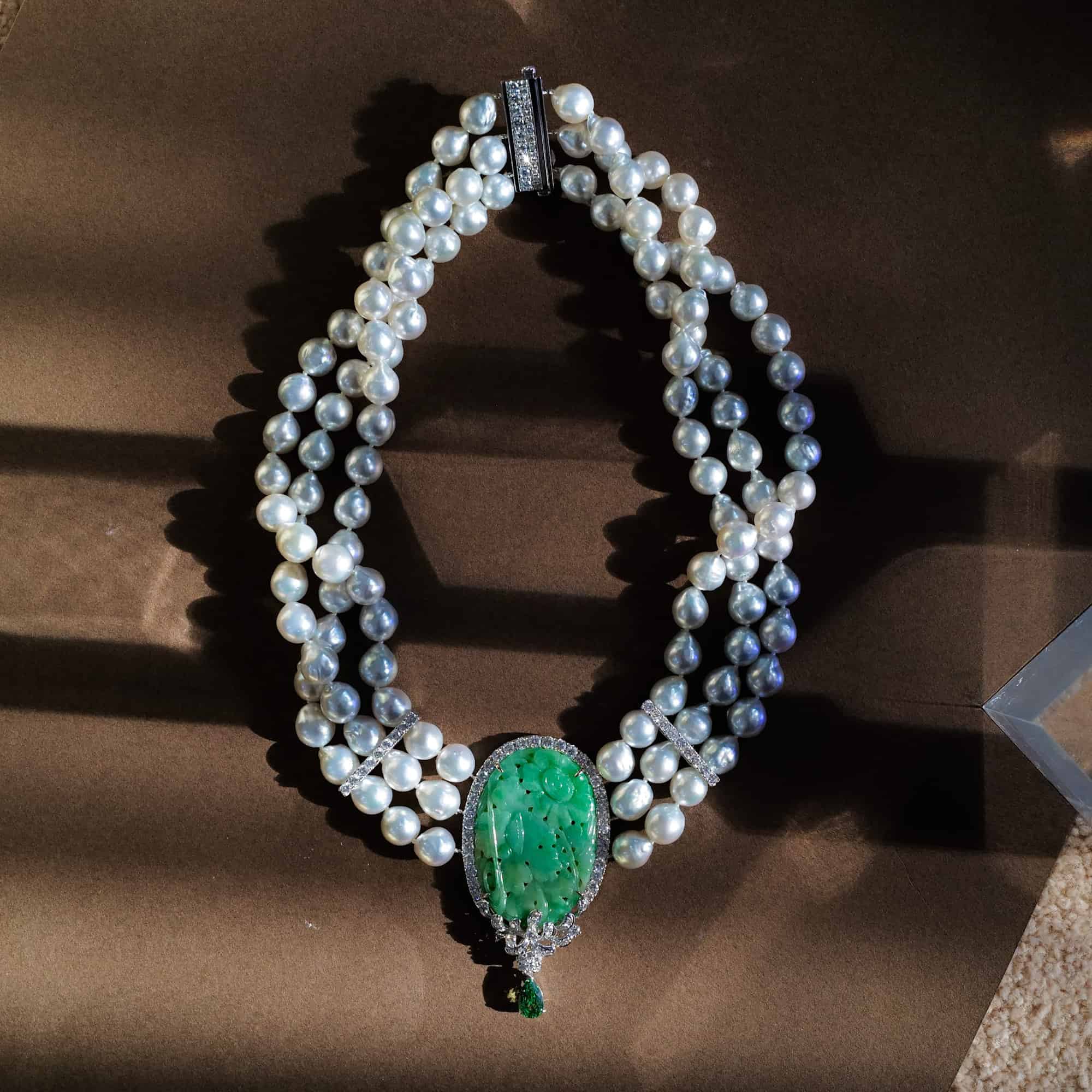 A restyled bespoke piece: strands of pearls with jadeite pendant