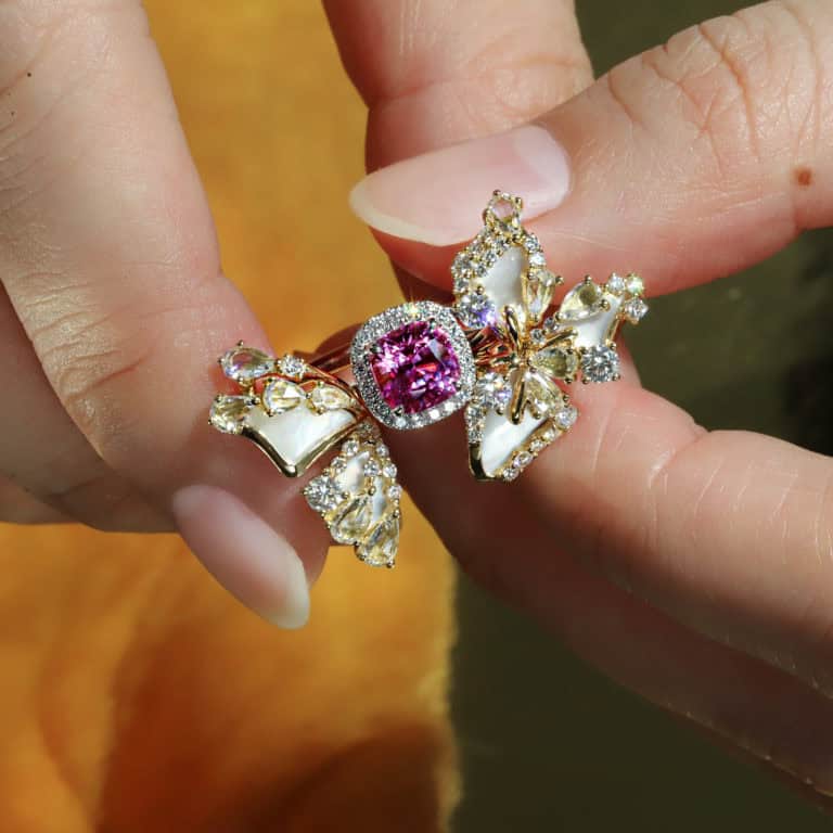 Pink Sapphire Bespoke Ring with Mother-of-Pearl and Rose-cut Diamonds