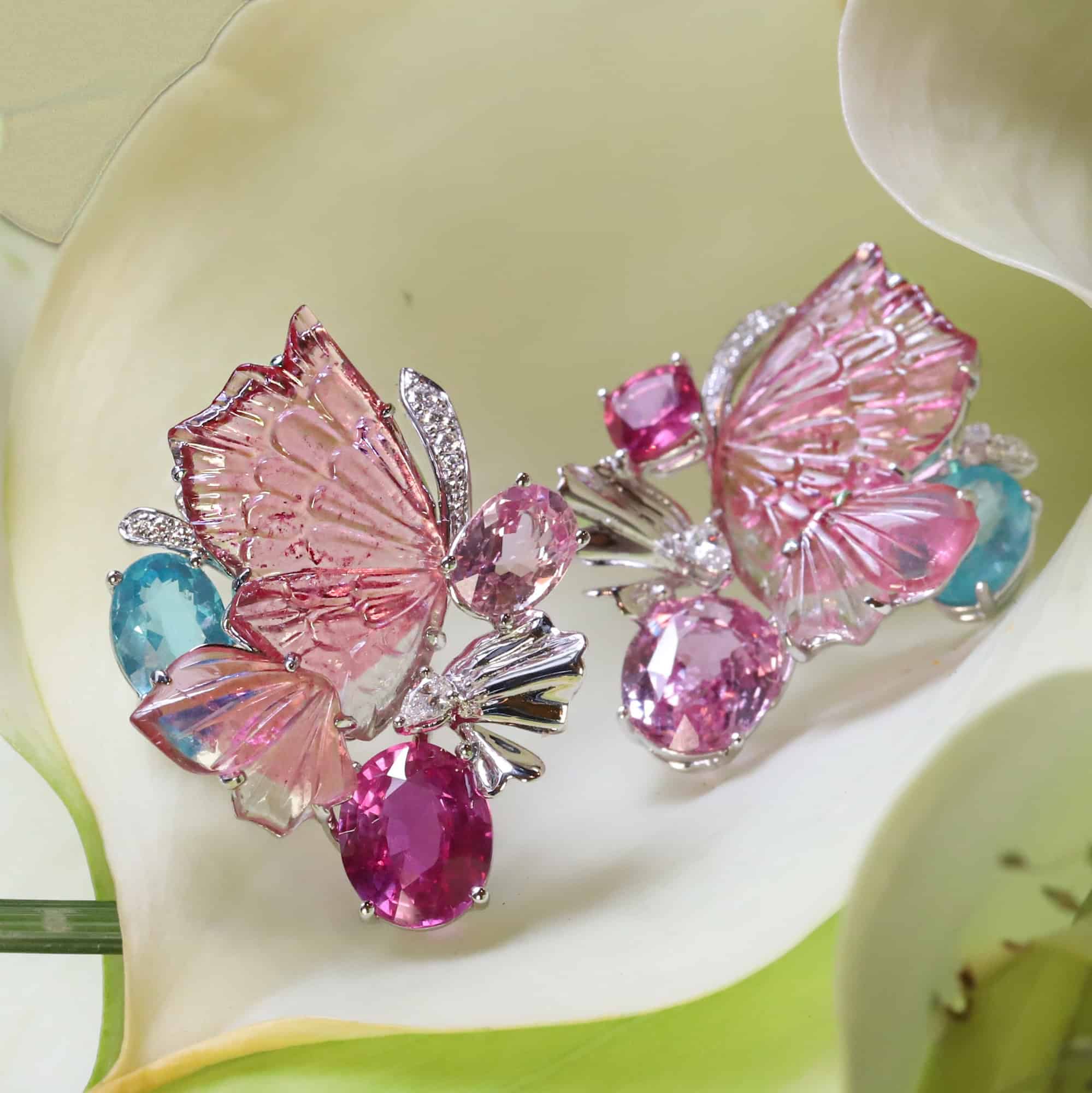 Gorgeous tourmaline butterfly carvings in custom-made earrings.