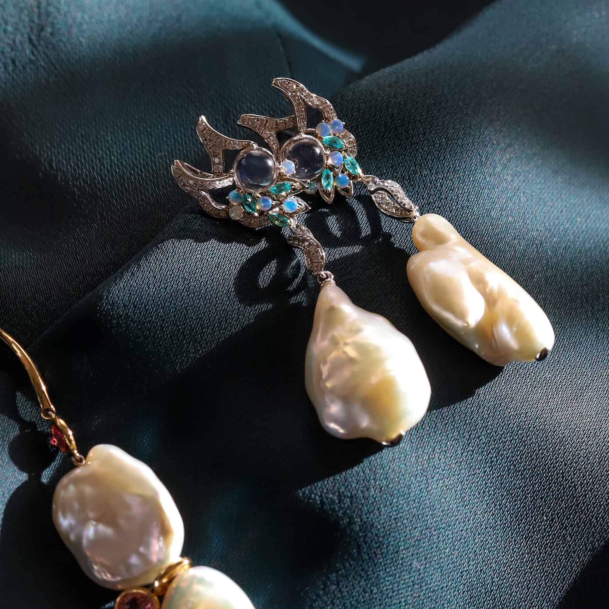 Nature’s perfect example of a completely organic form: baroque pearls! Set in bespoke earrings with opals, paraibas and diamonds.