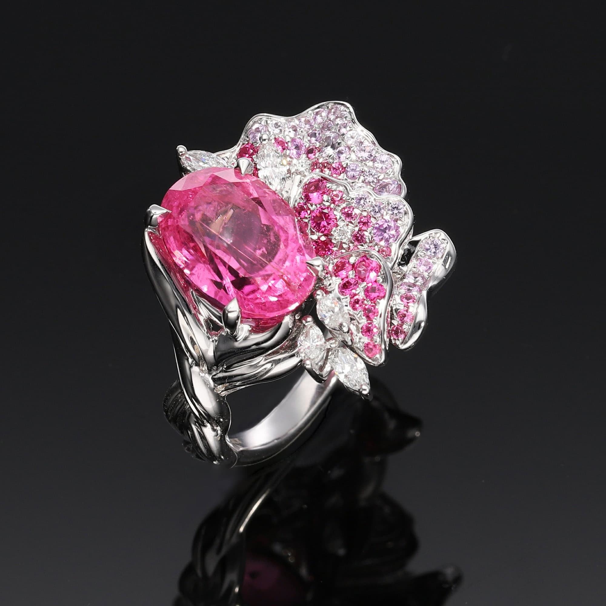 Vivid Pink Tourmaline Ring with Pink Spinels, Sapphires and Diamonds