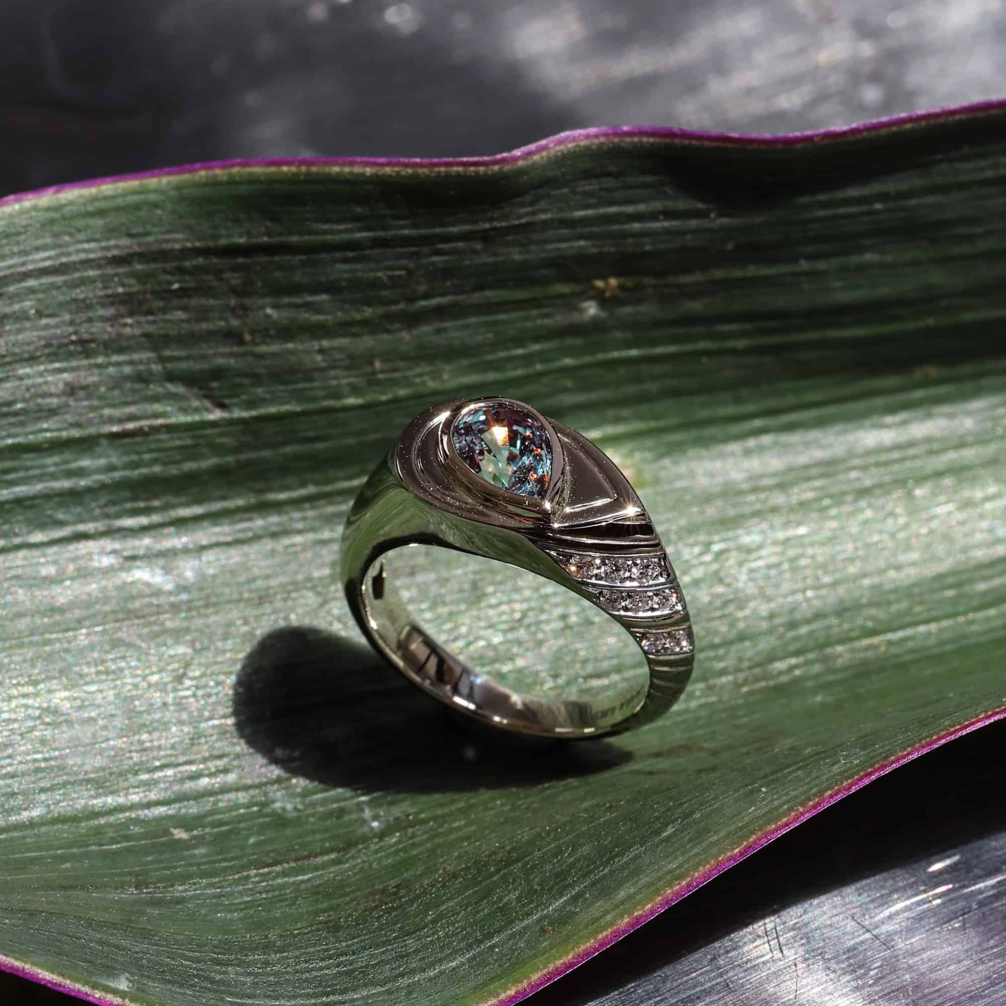 This is a custom-made Alexandrite “pinkie” ring, a very elegant design!