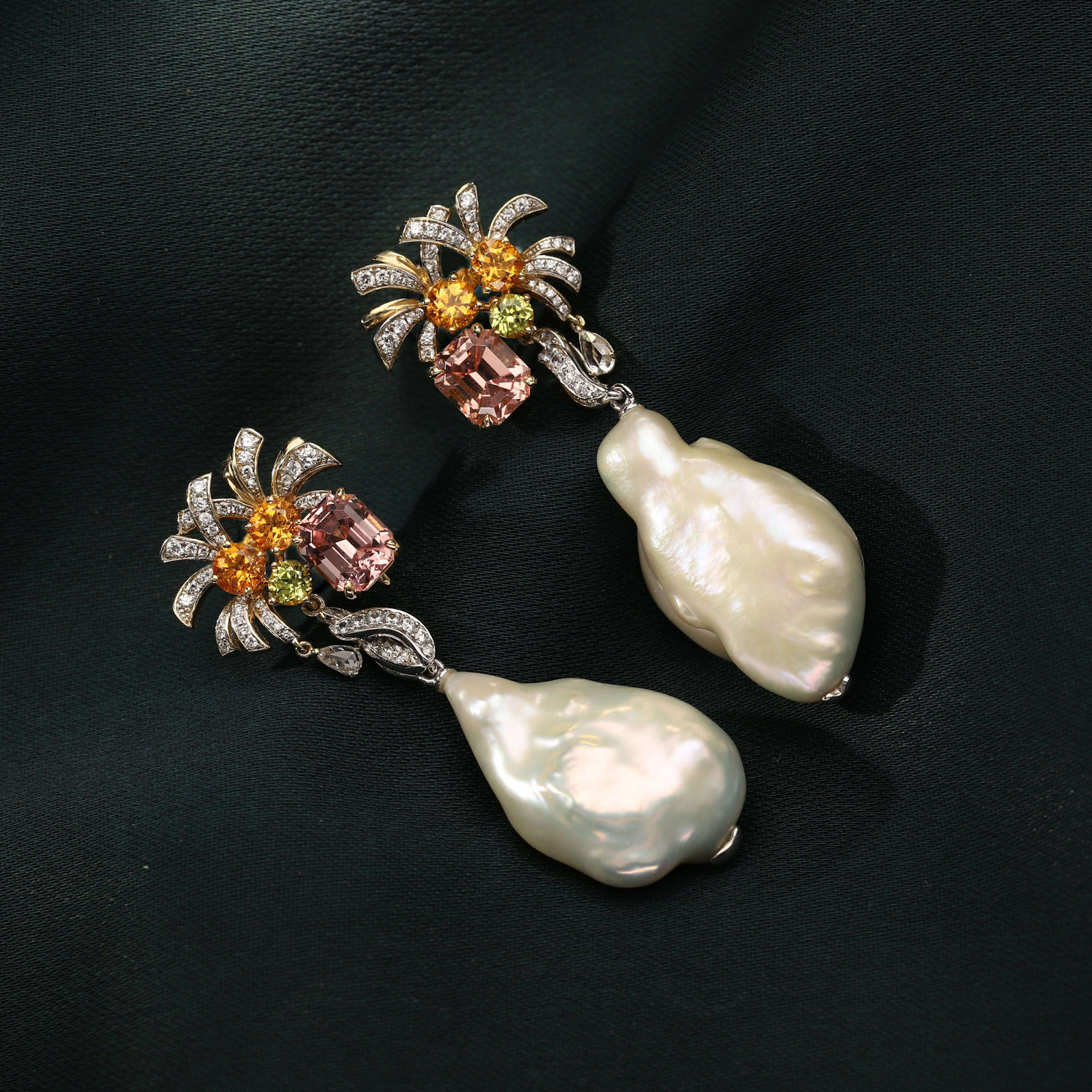 Mandarin and malaia garnets, with diamonds and baroque pearl drops