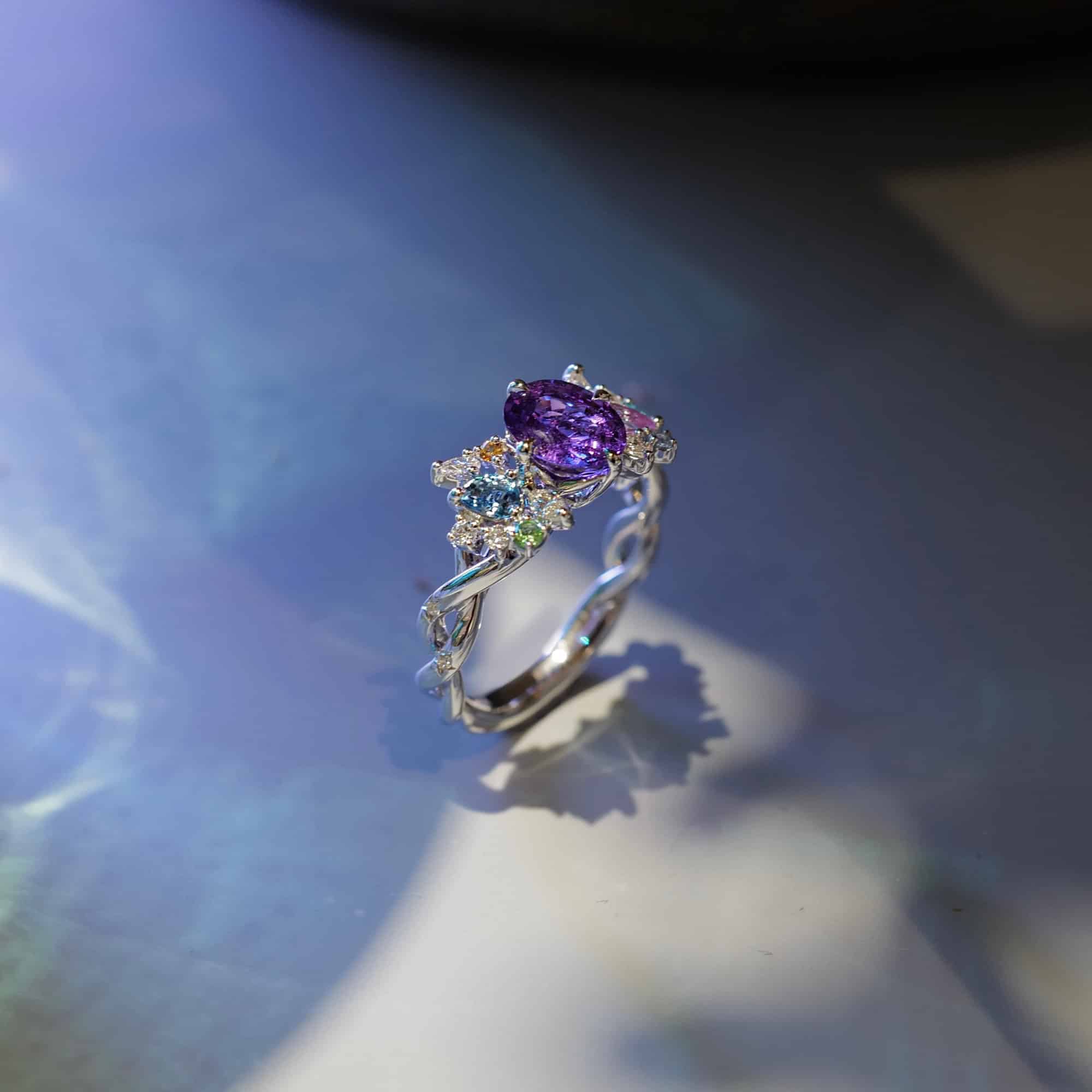 Bespoke multi-gem engagement ring