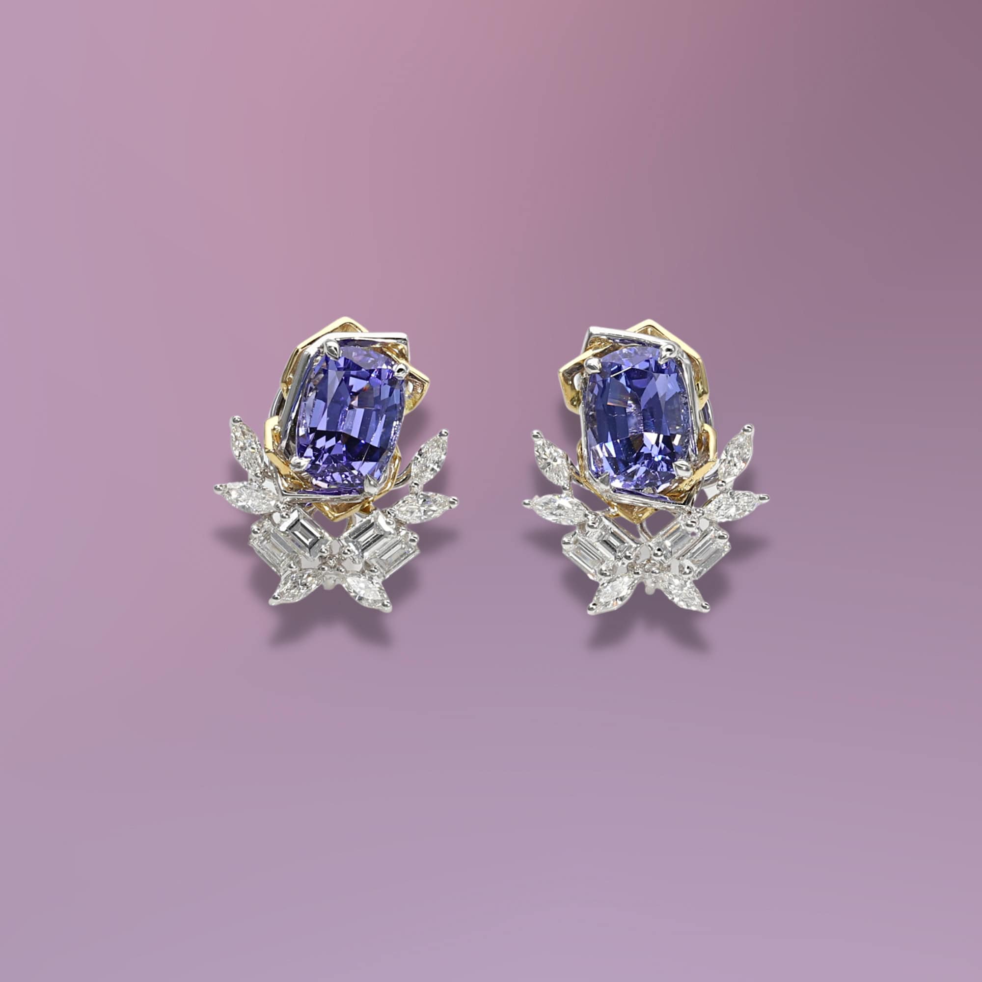 Tanzanite studs with yellow gold geometric links and diamond jackets