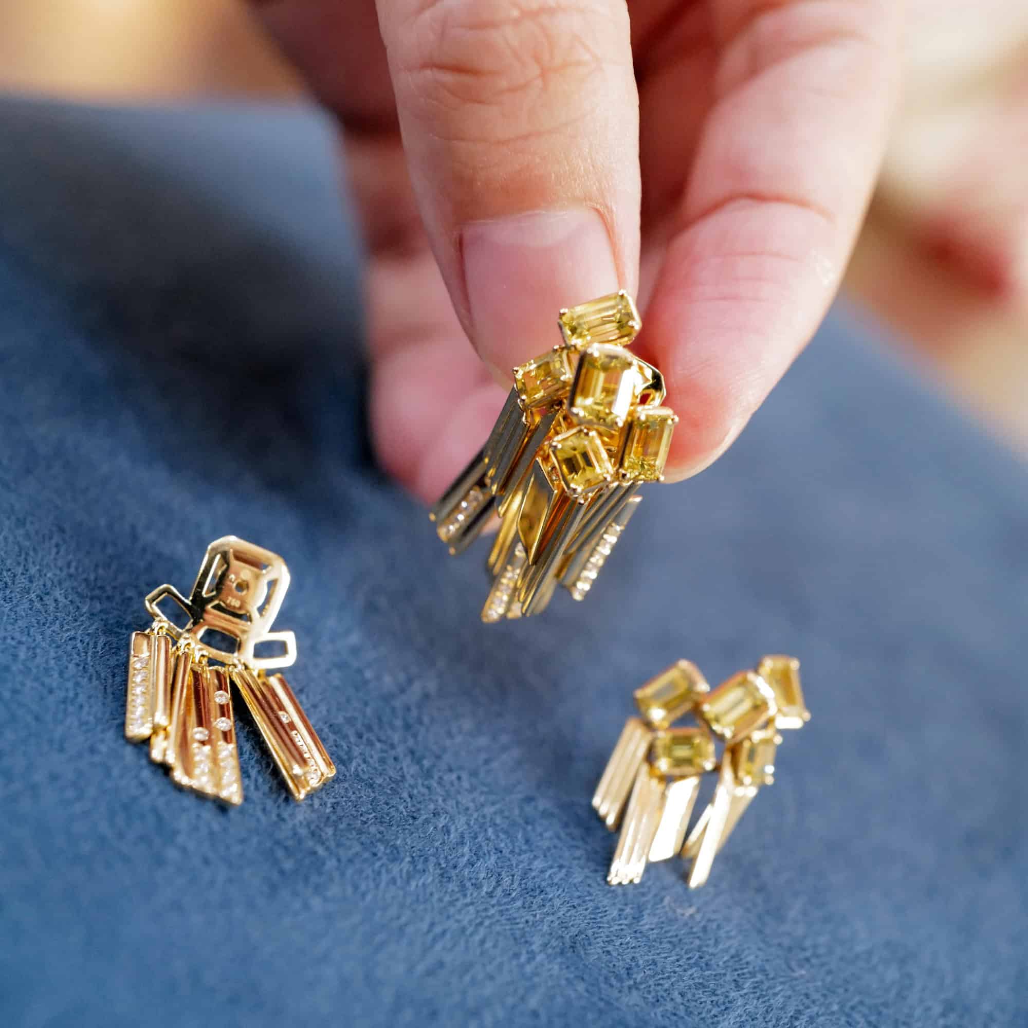 Art deco earrings made with yellow sapphires