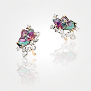 One-of-a-kind butterfly studs featuring bi-colour tourmaline carvings and diamonds