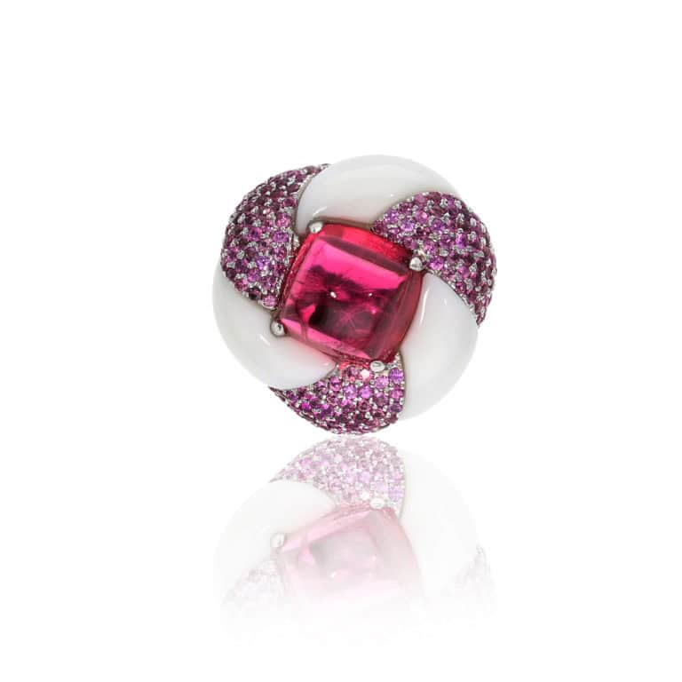 Cabochon Rubellite brooch with pink Sapphire rounds and white Agate