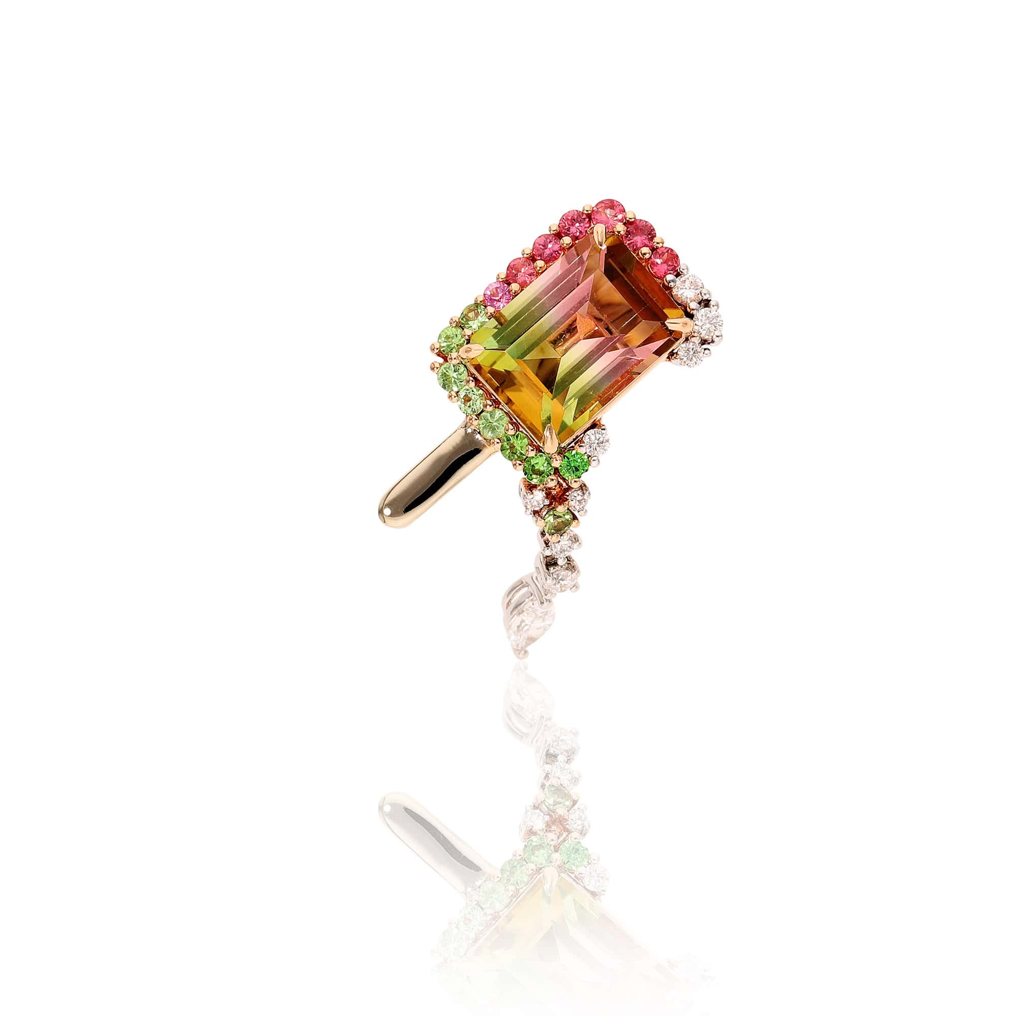 Bi-colour Tourmaline brooch with Diamonds, Mixed Sapphires and Tsavorites