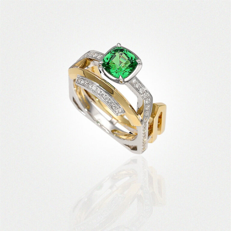 Tsavorite Square Ring in White and Yellow Gold with Diamonds