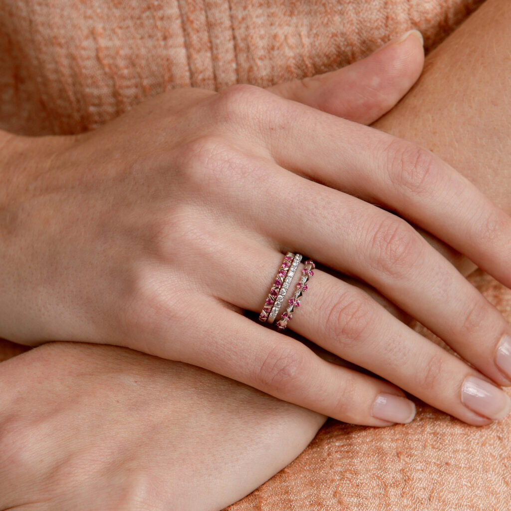 A stack of eternity bands for the kaleidoscope collection.