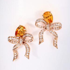 Pear Cut Mandarin Garnet Studs worn with a Bespoke Rose Gold Ribbon Jacket