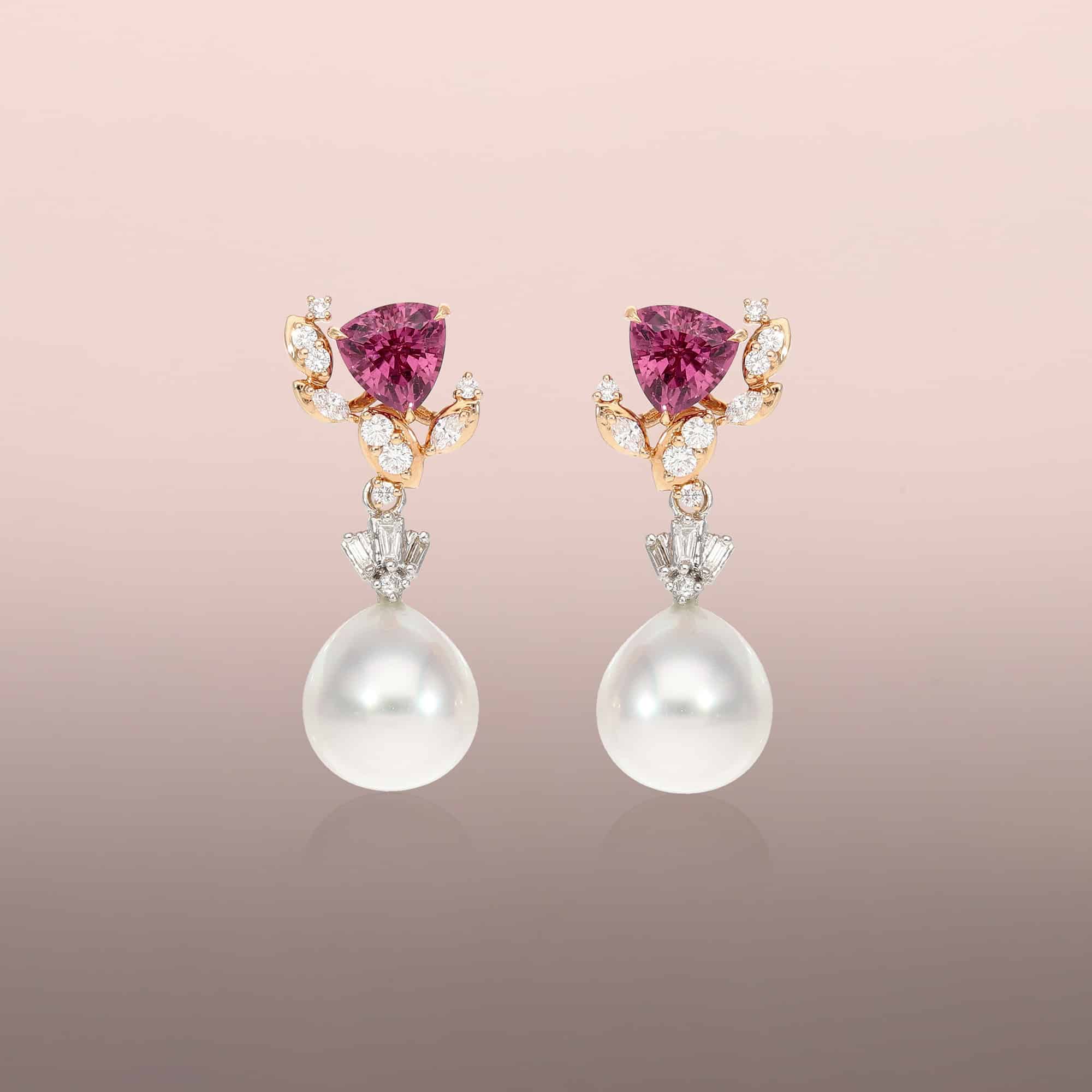 Pearl drop earrings with tapered baguette diamonds