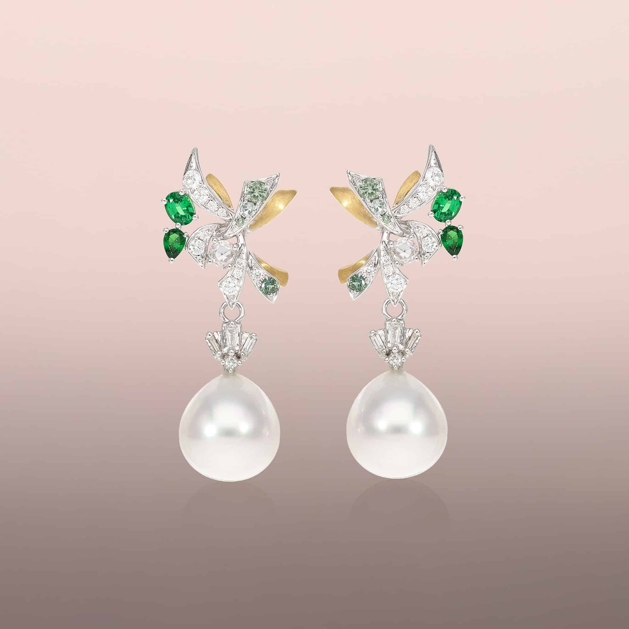 Pearl drop earrings with tapered baguette diamonds