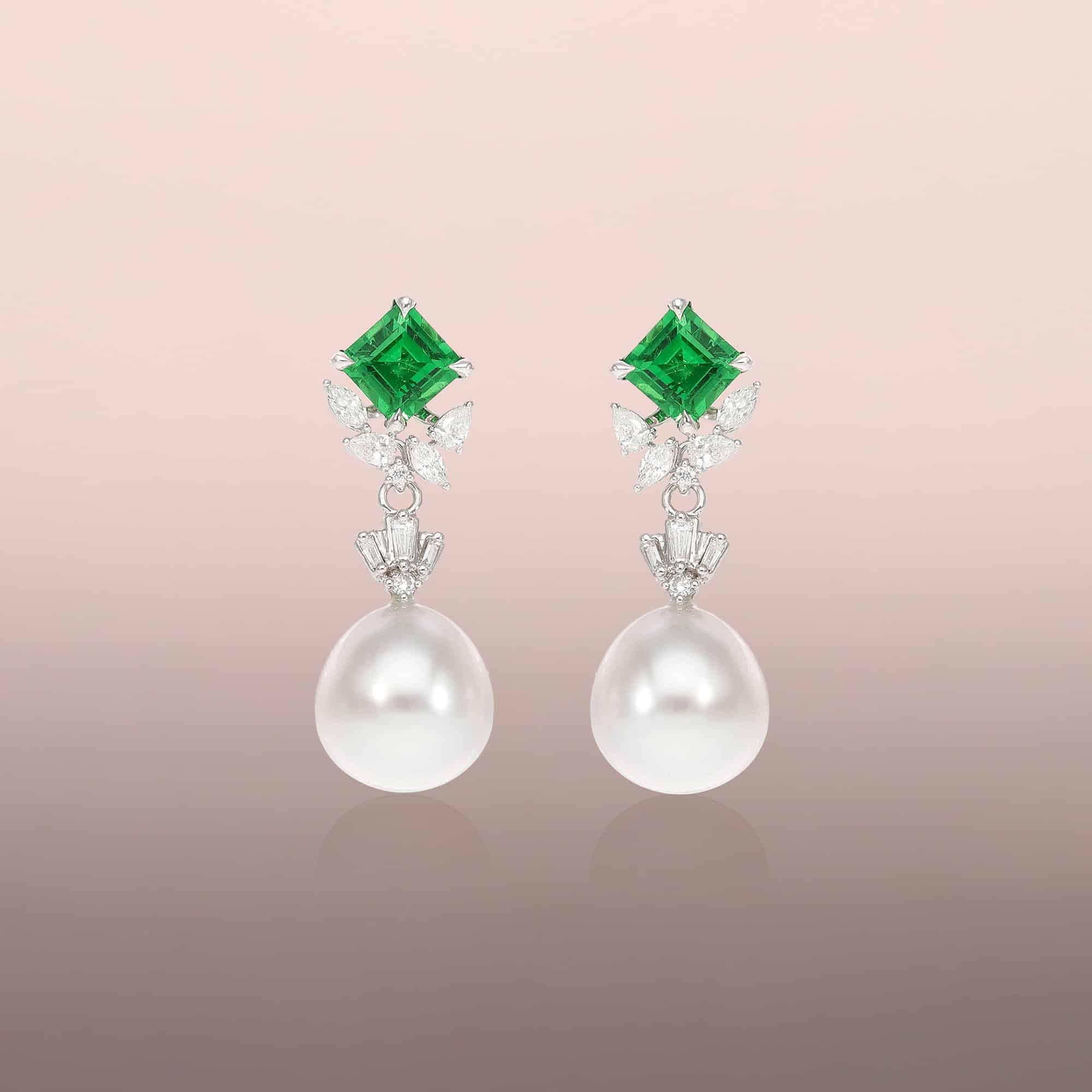 Pearl drop earrings with tapered baguette diamonds