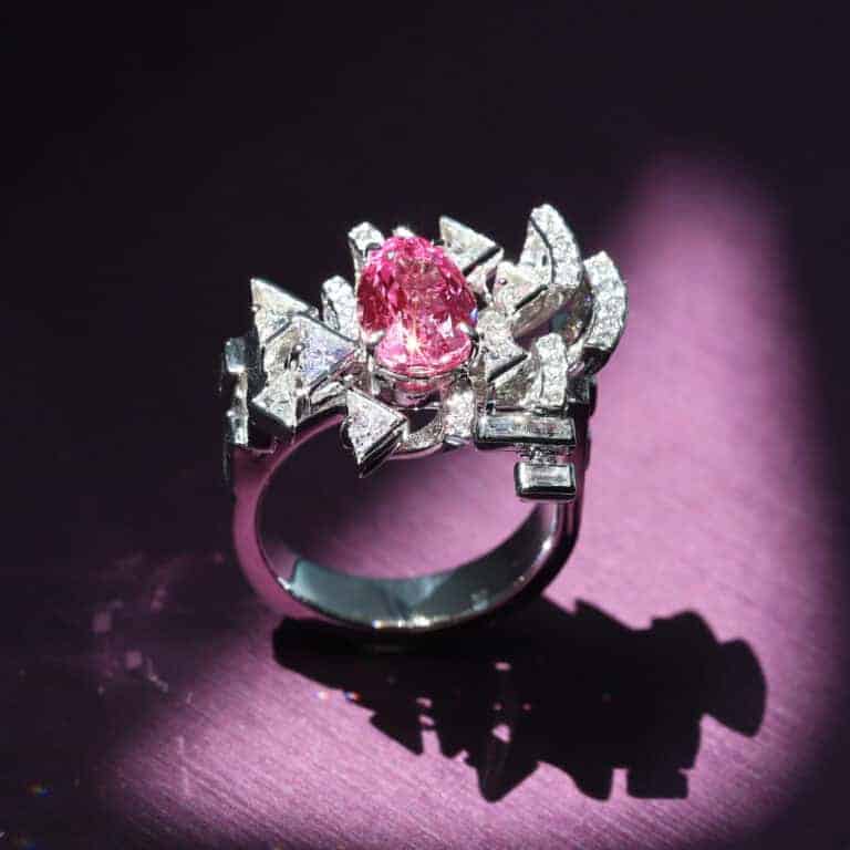 Custom pink spinel and diamond ring